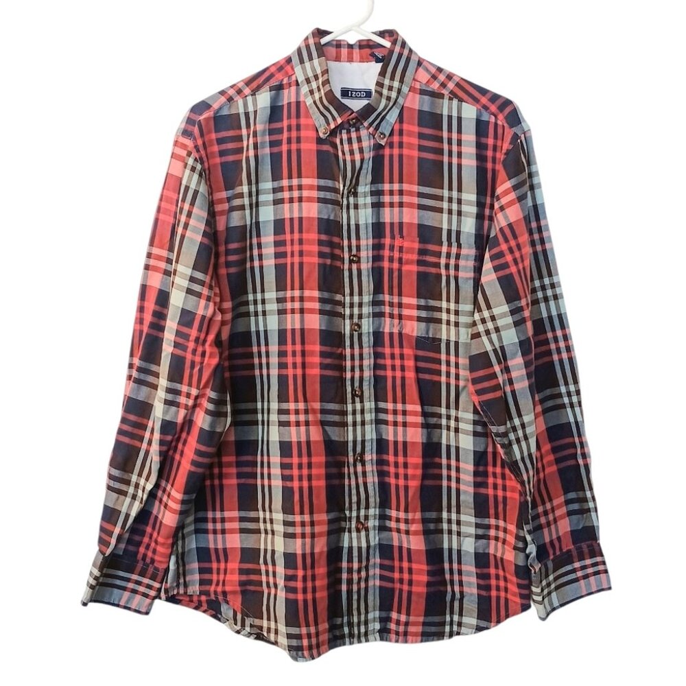Men's Izod Blue And Red Long Sleeve Button Down Shirt Size Medium